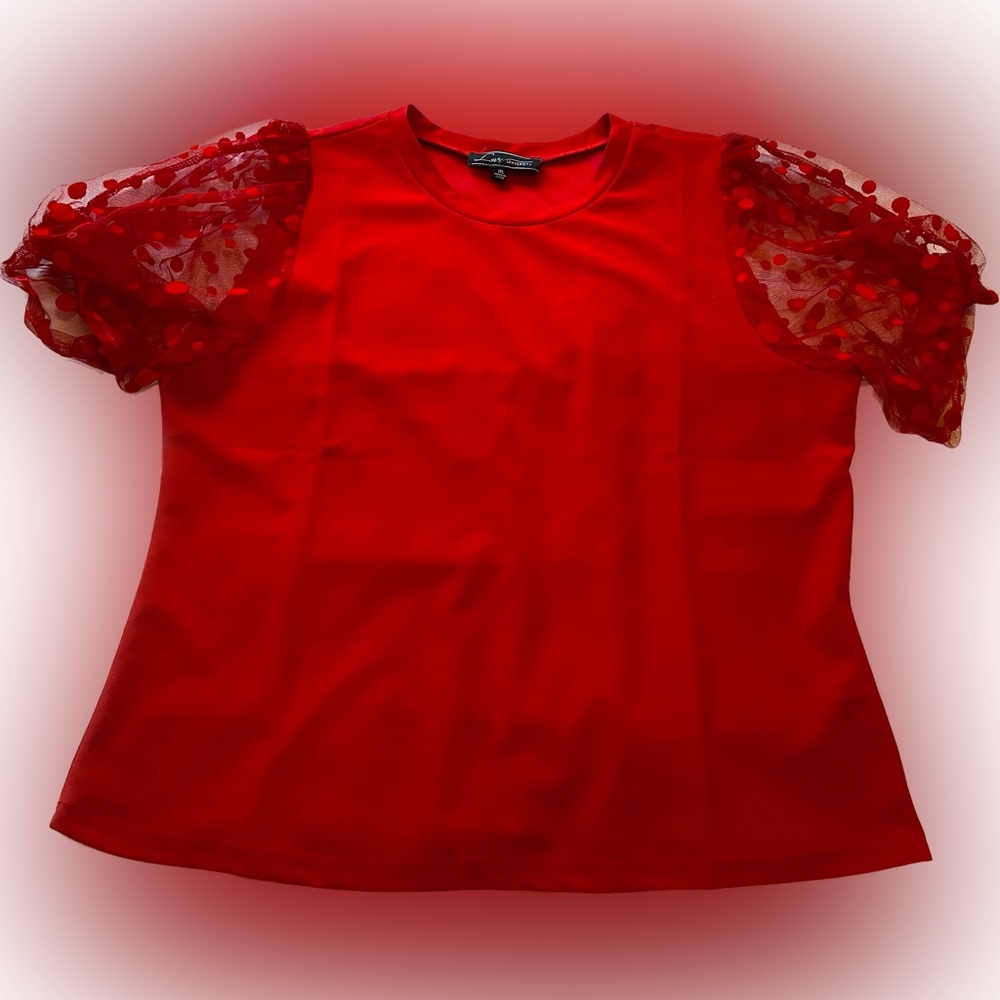 NWOT Red Top ,Cute sheer shirt sleeves with polka dots.